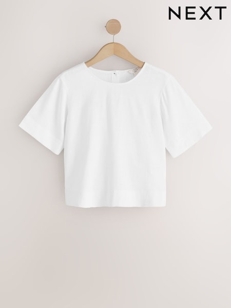 White Short Sleeve Boxy T-Shirt with Linen (W92735) | KWD7.500
