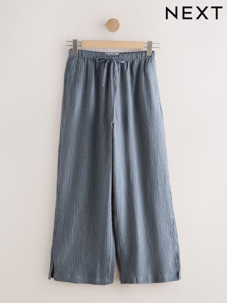Slate Grey Textured Wide Leg Trousers with Linen (W93056) | AED109