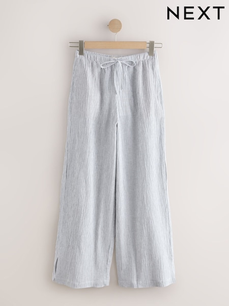 White/Grey Stripe Textured Wide Leg Trousers with Linen (W93069) | AED109