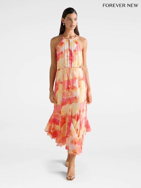 Forever New Casey Halter Neck Godet Midi Dress Contains Linen (W93153) | R$ 1.185