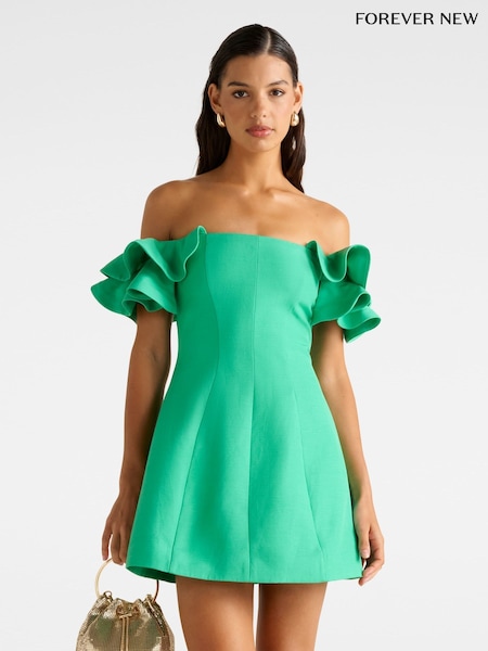 Forever New Green Kenzie Off Shoulder Ruffle Mini Dress Contains Linen (W93154) | €154