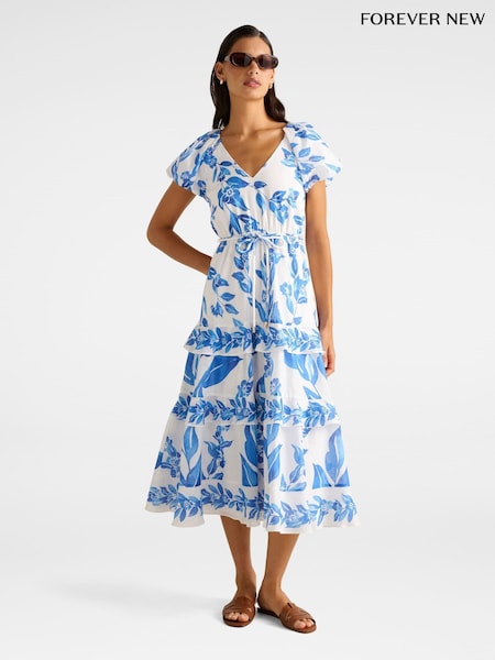 Forever New White Linen Blend Iris Tiered Ruffle Midi Dress (W93155) | €165