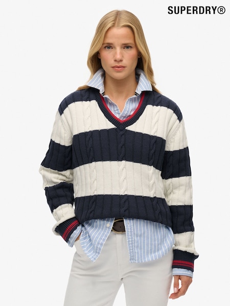 Superdry Blue Oversized Stripe Cable V-Neck Jumper (W93259) | R$ 495