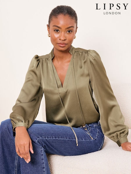 Verde caqui - Lipsy Satin V-Neck Tie Blouse (W93347) | 51 €