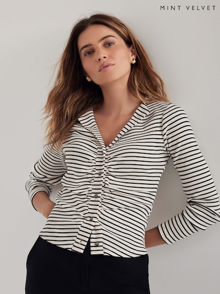 Mint Velvet White Striped Ruched Top (W93366) | €75