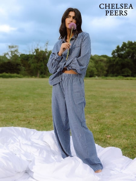 Chelsea Peers Blue Cotton Gingham Check Long Pyjamas & Scrunchie Set (W93419) | €80