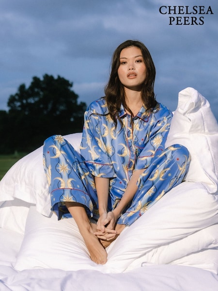 Chelsea Peers Blue Satin Tiled Moon Print Long Pyjamas Set (W93431) | €69