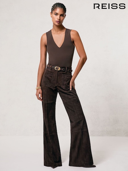 Reiss Chocolate Brown Priya Suede High-Rise Flared Trousers (W93441) | €555