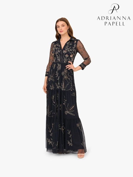 Adrianna Papell Blue Bead Mesh Long Dress (W93446) | R$ 3.445