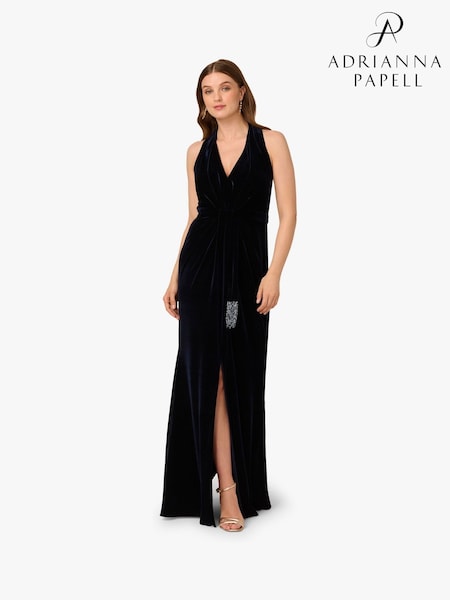 Adrianna Papell Blue Halter Draped Velvet Gown (W93447) | R$ 2.460