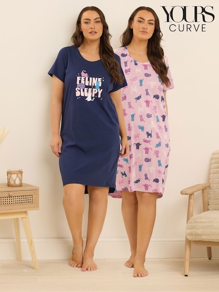 Yours Curve Blue Cat Dipped Back Nightdress 2 Pack (W93493) | R$ 285