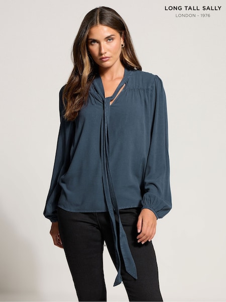 Long Tall Sally Blue Acid Wash Tie Neck Top (W93507) | €42