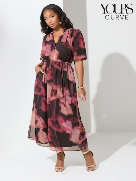 Yours Curve Red London Blurred Floral Print Puff Sleeve Short Dress (W93538) | €70