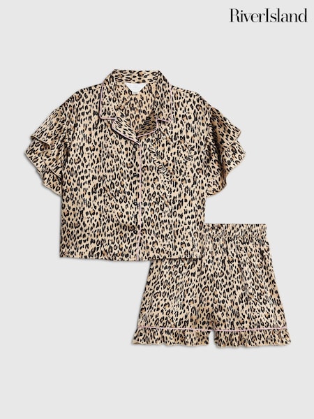 River Island Brown Girls Leopard Print Satin Short Pyjamas (W93606) | AED128