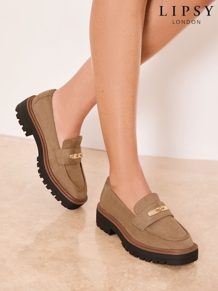 Lipsy Sand Standard Fit Chunky Gold Trim Detail Faux Leather Loafers (W93777) | SGD 87