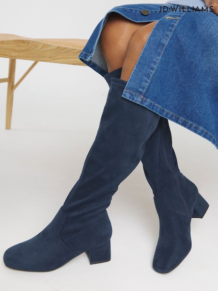 JD Williams Blue Extra Wide Fit Low Block Heel Knee High Sock Boots In Curvy Calf (W93813) | €92