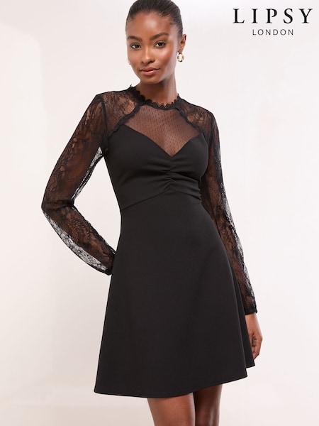 Lipsy Lace Mesh High Neck Ruched Mini Dress (W93875) | 255 ر.ق.
