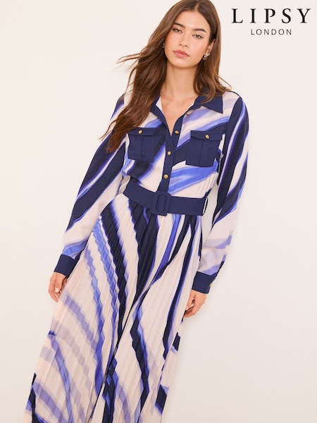 Lipsy Blue Petite Marble Print Woven Pleated Midi Shirt Dress (W93895) | SGD 134