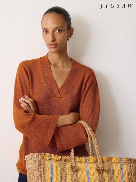 Jigsaw Orange Linen V-Neck Slouchy Jumper (W94209) | €173