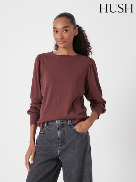 Castanho - Hush Emily Puff Sleeve Jersey Top (W94233) | R$ 395