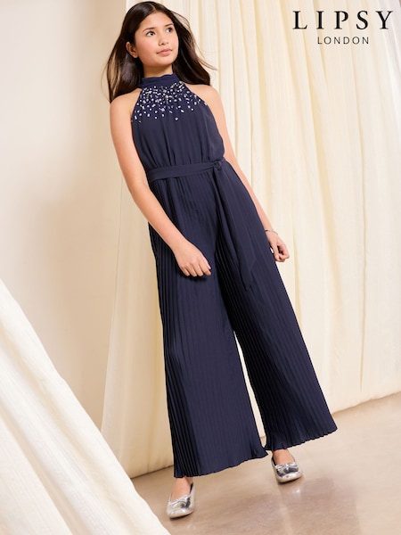 Lipsy Navy Blue Halter Embellished Occasion Jumpsuit (7-16yrs) (W94253) | AED233 - AED272