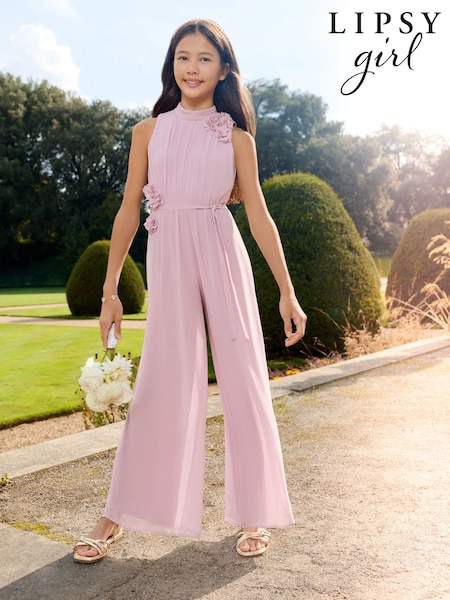 Lipsy Rose Pink Pleated 3D Corsage Occasion Jumpsuit (5-16yrs) (W94259) | $117 - $135