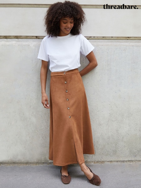 Threadbare Brown Button Front Suedette Skirt (W94332) | €48