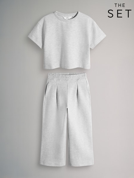 The Set Interlock Cropped Short Sleeve T-Shirt and Wide Leg Joggers Set Grey (W94619) | AED111 - AED122
