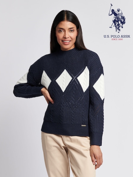 Blau - U.S. Polo Assn. Cable Argyle Mock Neck Jumper (W94693) | 117 €