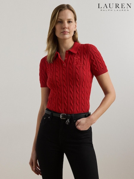 Lauren Ralph Lauren Red Natrissa Cable Knit Embroidered Logo Polo Shirt (W94712) | €203