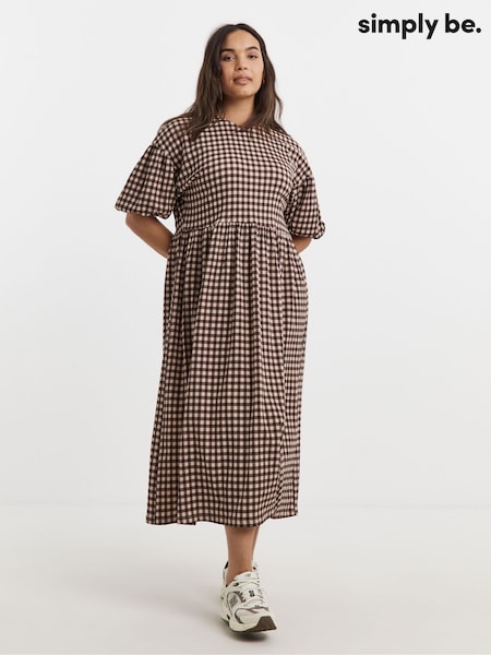Simply Be Brown Textured Jersey Tie Back Gingham Midi Dress (W94741) | €56