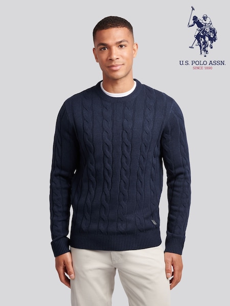 U.S. Polo Assn. Blue Mens Cable Knit Crew Jumper (W94824) | R$ 640