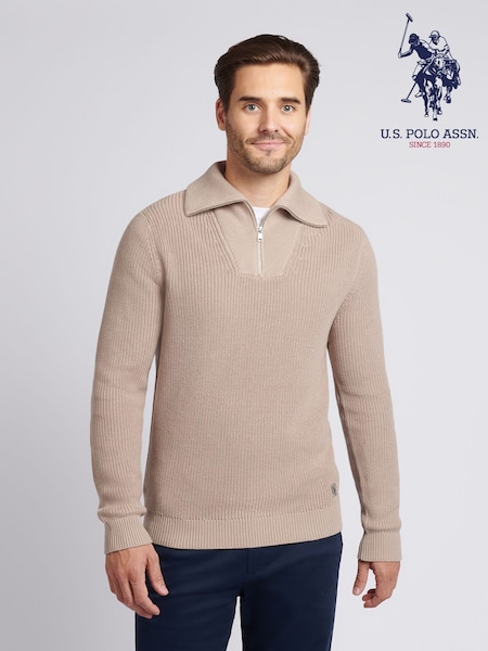 Natural - U.S. Polo Assn. Mens Aran Mix Knit Funnel Jumper (W94835) | R$ 790
