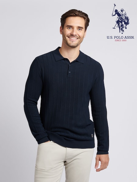 U.S. Polo Assn. Blue Mens Vertical Texture Stripe Knit Long Sleeve Polo Shirt (W94844) | €106