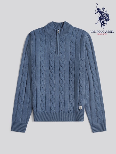 U.S. Polo Assn. Blue Mens Cotton Funnel Neck Quarter  Zip Knit Sweatshirt (W94850) | R$ 740