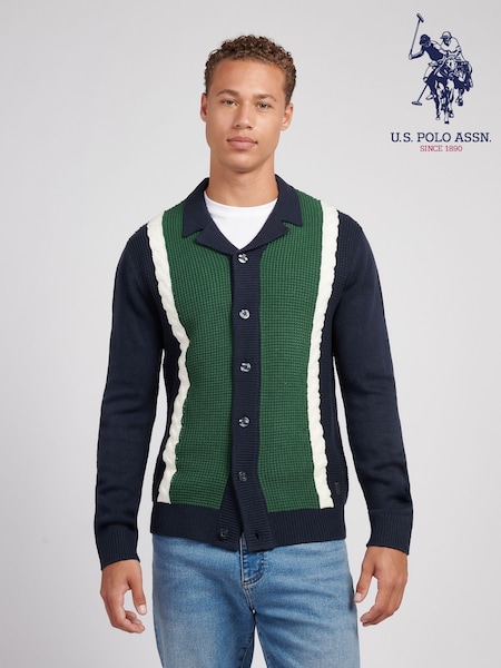 U.S. Polo Assn. Blue Mens Vertical Stripe Revere Knit Cardigan (W94865) | €113