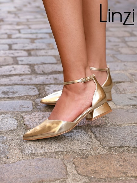 Linzi Gold Wide Fit Dolly Low Block Court Heels (W94967) | AED210