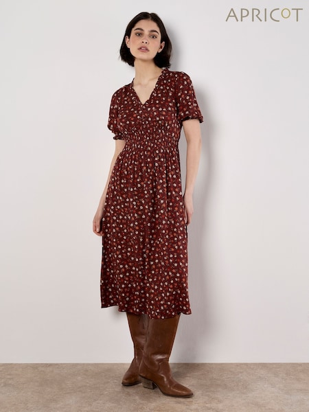 Apricot Red Ditsy Smocked Waist Tea Dress (W95470) | €59