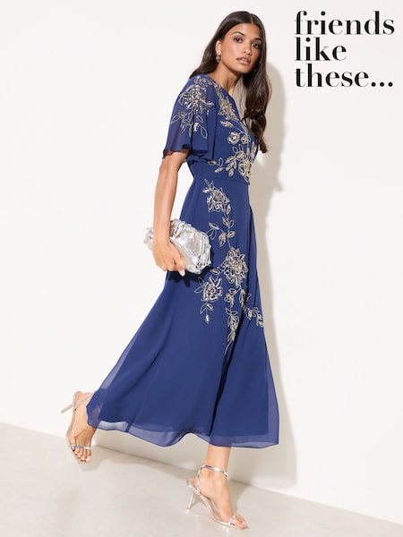 Friends Like These Navy Short Sleeve Embellished Midi Dress (W95646) | $220