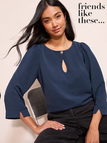 Friends Like These Navy 3/4 Sleeve Keyhole Front Hardware Detail Blouse (W95859) | OMR19