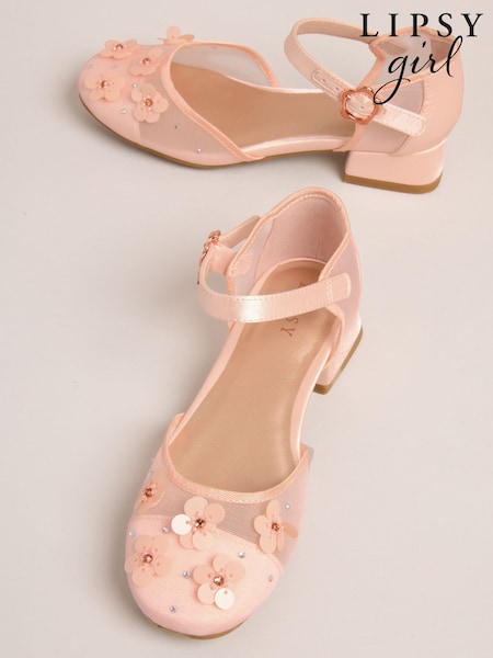 Lipsy Pink Sequin Floral Mesh Occasion Flower Girl Block Heeled Sandals (W95977) | €42 - €48