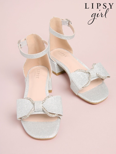 Silver - Lipsy Embellished Bow Occasion Flower Block Heeled Sandals (W95981) | kr630 - kr720