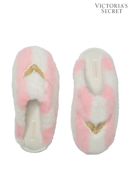 Victoria's Secret Pink Iconic Stripe Angel Wings Fashion Show Closed Toe Faux Fur Slippers (W96071) | €59