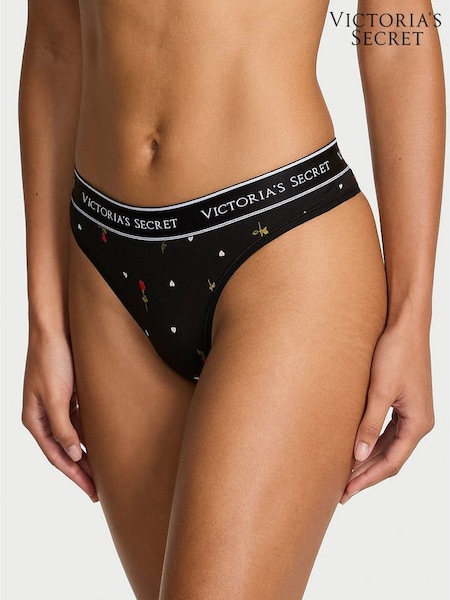 Victoria's Secret Black Ditsy Rose Thong Logo Knickers (W96179) | €13.50