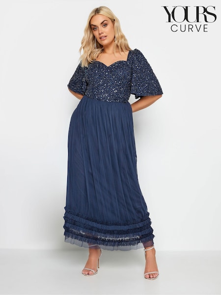 Синий - Yours Curve Luxe Sequin Ruffle Hem Maxi Dress (W96348) | €63