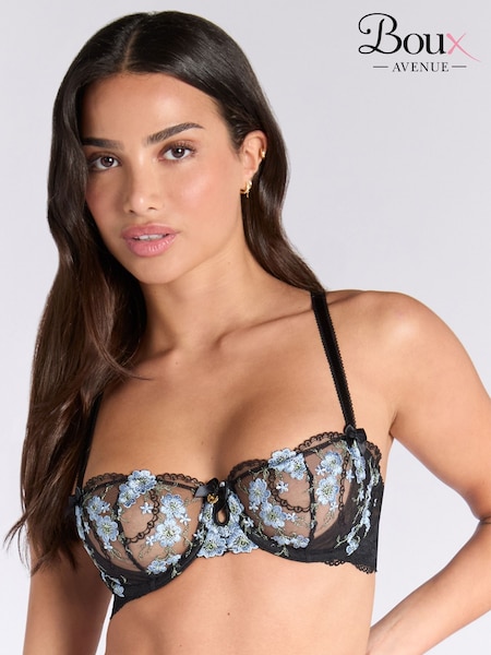 Boux Avenue Paisley Sheer Floral Embroidered Balconette Black Bra (W96551) | €58