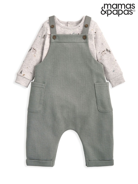Mamas & Papas Green Waffle Dungarees and Moose Print Bodysuit Set (W96706) | 201 LEI