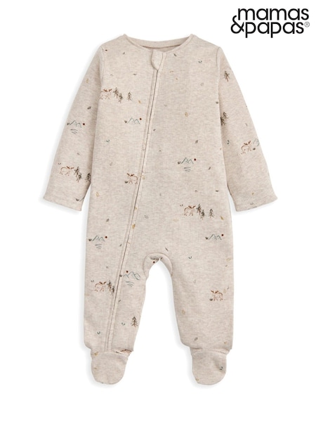 Mamas & Papas Cream Moose Print Ribbed Jersey Zip Sleepsuit (W96708) | €25