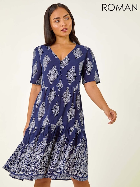 Roman Blue Petite Border Print Tiered Dress (W96725) | €58