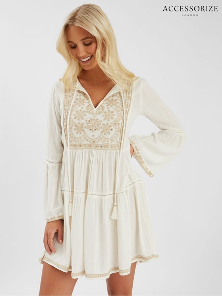 Accessorize Natural Embroidered Flute-Sleeve Mini Dress (W96748) | €77